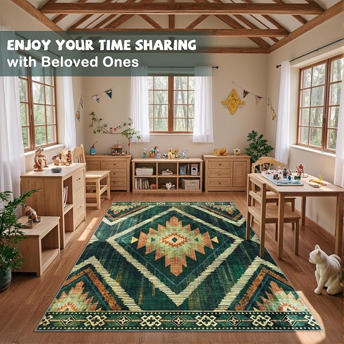 Boho Green Area Rugs 5x7Ft Non Slip, Large Low Pile Washable Rugs for Living Room, Soft Bedroom Nursery Area Floor Carpets for Dining Room Kids Playroom Farmhouse Office Spring Summer