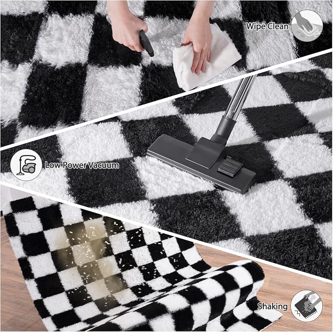 Pionblank Checkered Rug for Bedroom 2x6, Modern Fluffy Runner Rugs for Living Room, Super Soft Shaggy Bedside Carpet for Kids Room Nursery Teens Dorm Decor, Black and White