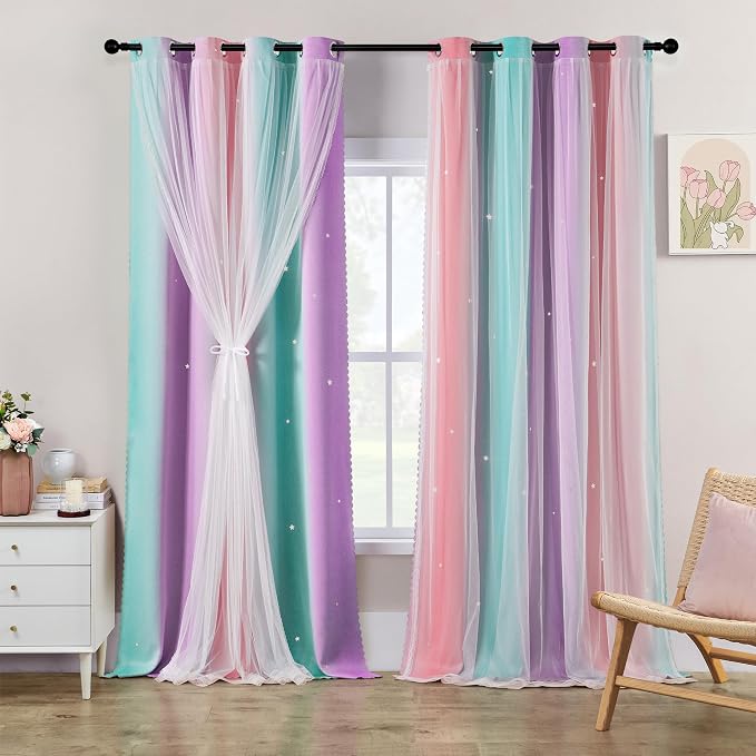 XiDi Girls Blackout Curtains 102 Inches Long for Bedroom, Room Darkening Grommet Window Ombre Curtains 2 Panel Sets, Kids Unicorn Princess Theme Decor Colorful Rainbow Design Pink Purple Green 52x102