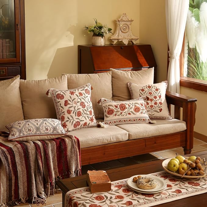 ISAENNE Designer Elegant Linen Throw Pillow Cover,Set of 4-Albano ABCD | French Cottage Pillow Cover,Concealed Zipper,Floral Pattern,Sofas,Bedroom,Living Room,Lounge Chairs,All Season Home Decor