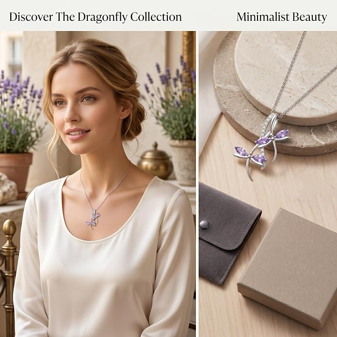 PRAYMOS Dragonfly Gifts 925 Sterling Silver Dragonfly Necklace for Women Dreamy Dragon fly Pendant Dragonflies Jewelry Birthday Gift 18+2" Adjustable Chain
