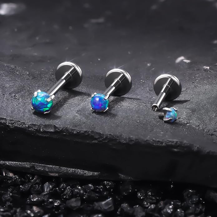 Ruifan Titanium Flat Back Lip Rings Externally Threaded Earrings Studs Nose Rings 20G 18G 16G Round Opal Tragus Cartilage Lobe Rook Helix Conch Labret Medusa Piercing Jewelry for Women Men