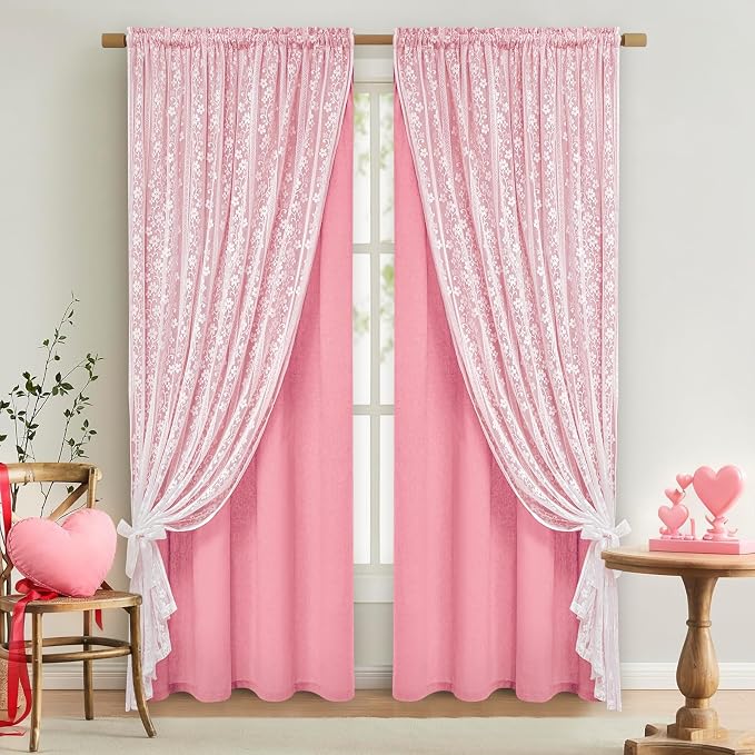 ASPMIZ Pink Curtains for Living Room Double Layer Curtains with Linen Lace, Linen Curtain for Girls Bedroom Farmhouse Window Curtain 63 inch Length 2 Panels, Rod Pocket Drapes with 2 Tiebacks, 52x63