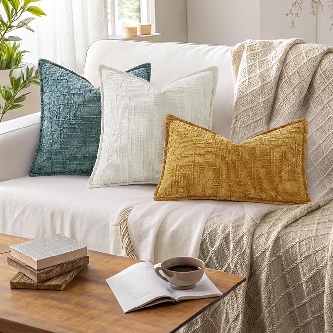 decorUhome Chenille Throw Pillow Covers 16x16 Set of 2, Soft Textured Slubby Modern Decorative Pillow Covers with Elegant Design for Couch, Sofa, Living Room, Cream White