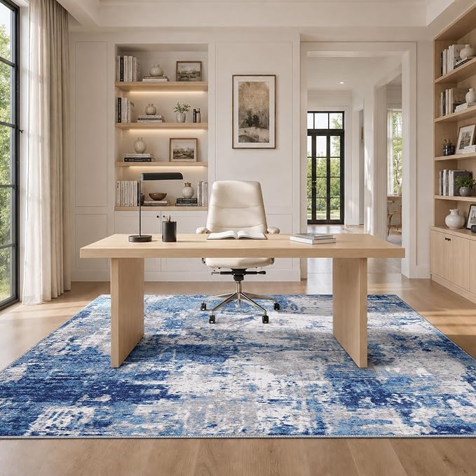 RELEANY Washable Area Rugs 8'x10' Non-Slip Modern Abstract Soft for Living Room Entryway Bedroom Kitchen, Print Pattern, Blue Grey Navy Gray