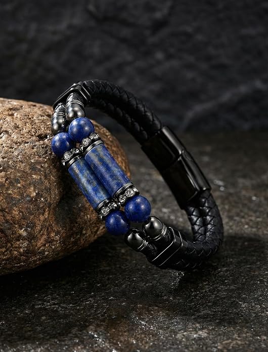 Mens Leather Turquoise/Tiger Eye/Obsidian/Lava Stone Bracelet–Braided Multi‑Layer Wristband Cuff Bangle Barcelet–Jewelry Box and Pouch Packing