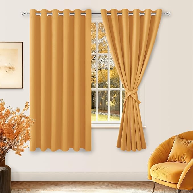 Hiasan Grommet Blackout Curtains for Bedroom, 70 x 63 Inches - Thermal Insulated & Light Blocking Window Drapes for Living Room/Dorm Room, Set of 2 Panels Sewn with Tiebacks, Pumpkin Orange