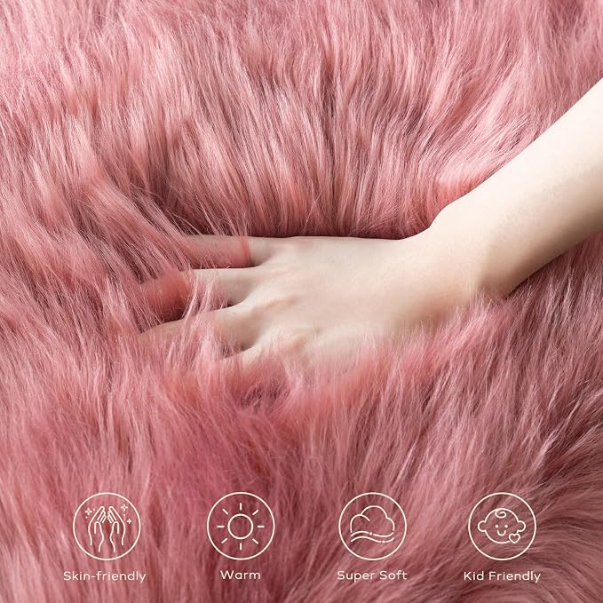 Ashler Faux Fur Rug, Fluffy Shaggy Area Rug, Ultra Soft 3 x 3 Feet Sheepskin Fur, Blush Pink Fuzzy Machine Washable Shag, Nursery Decor Throw for Bedroom, Living Room, Kids Room