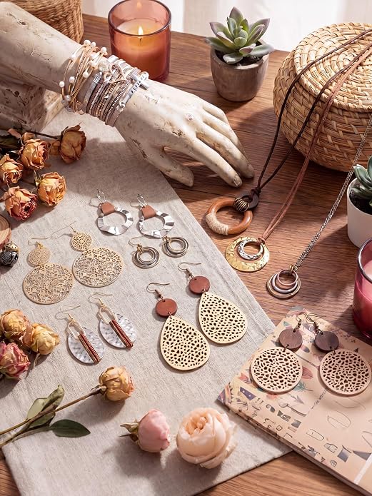 Tondiamo 12Pcs Boho Jewelry Set for Women Bohemian Western Jewelry Set with Long Pendant Necklace Dangle Earrings and Stackable Bangle Bracelets Accessories for Women Friendship Gift