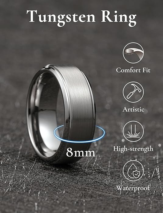 King Will Classic Tungsten Wedding Band for Men, 6/7/8/9/10mm Widths, Polished Finish Step Edge Matte Rings Comfort Fit