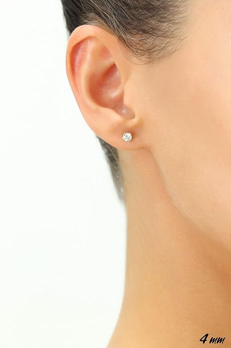 14k White Gold Solitaire Round Cubic Zirconia CZ Stud Earrings in Secure Screw-backs
