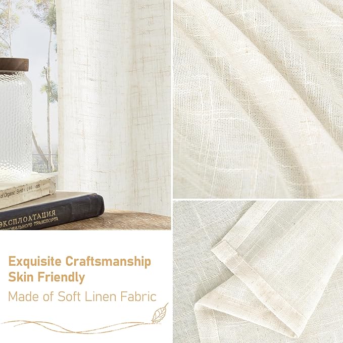 LAMIT Cream Semi Sheer Linen Curtains 60 Inch, Light Filtering Neutral Window Panels Farmhouse Boho Back Tab and Rod Pocket Drapes for Bedroom, 2 Panels, 52 x 60 Inch