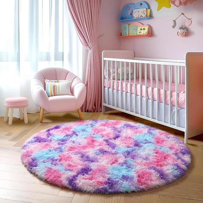 Amdrebio Pink Blue Purple Round Circle Area Rug 6Ft for Girls Bedroom, Large Fluffy Cute Fuzzy Colorful Pastel Kids Rugs for Nursery Playroom Classroom, Shag Princess Carpet for Baby Toddler Teen
