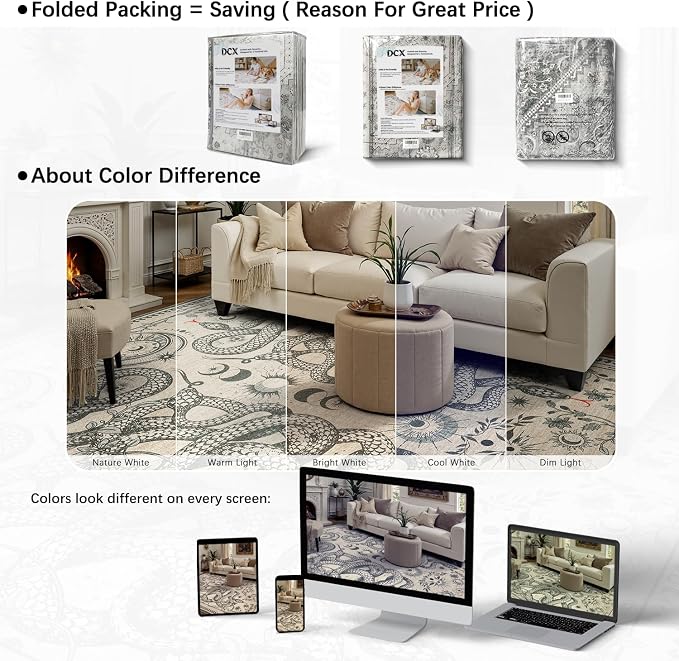 DCX Washable 8x10 Snake Rug, Beige Gothic Rug for Living Room, Soft Low Pile Carpet, Kid & Pet Friendly with Rubber Back Non Slip, Stain Resistant Rug for Bedroom Dining Room Office