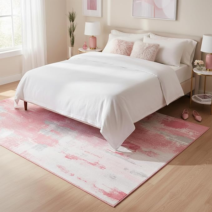 Kelarea Pink Nursery Rug for Baby Girl, 6x9 Modern Abstract Washable Rugs for Kid's Bedroom, Low Pile Non Slip Large Carpet for Dorm, Living Room, Kids Playroom