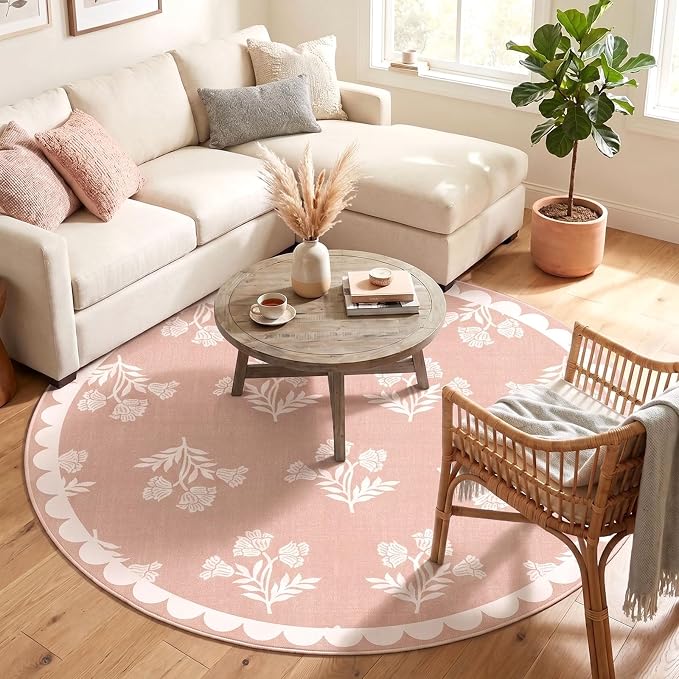 Pink Round Rugs 6ft - Soft Washable Boho Floral Bedroom Circle Rug Stain Resisantt Scalloped Dining Room Rugs for Under Round Table Vintage Area Rug for Living Room Nursery Kids Room