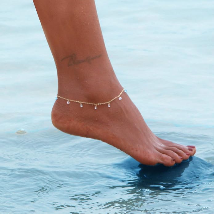 LOYATA Dainty Ankle Bracelet,14K Gold Plated Tiny Bead Anklet Dainty White Cubic Zirconia Cross Tassel Foot Chain Cute Lucky Moon Evil Eye Foot Jewelry Boho Anklets for Women