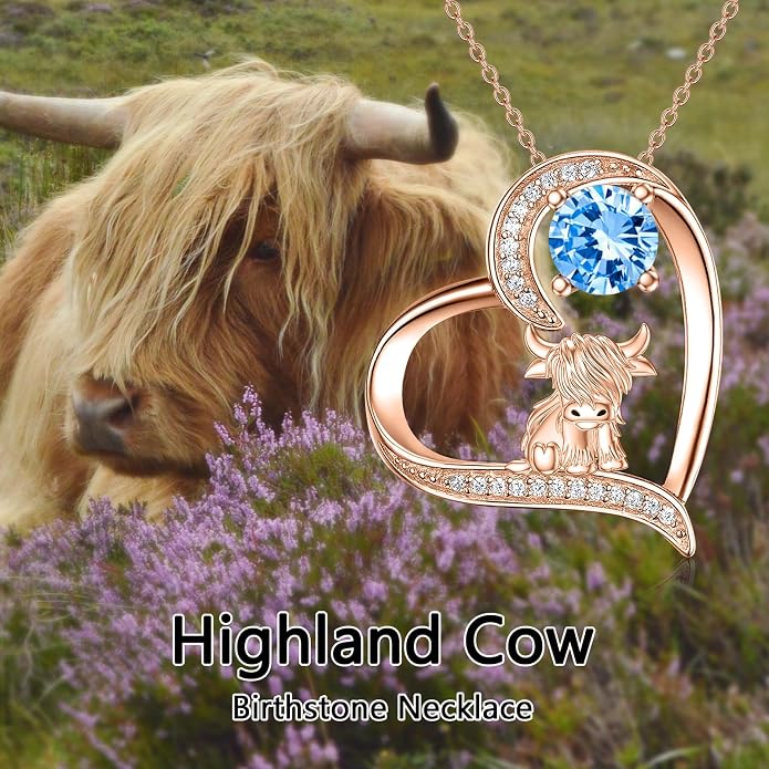 Highland Cow Gifts for Women 925 Sterling Silver Highland Cow Birthstone Necklace Fluffy Cow Jewelry Gifts Birthday Christmas