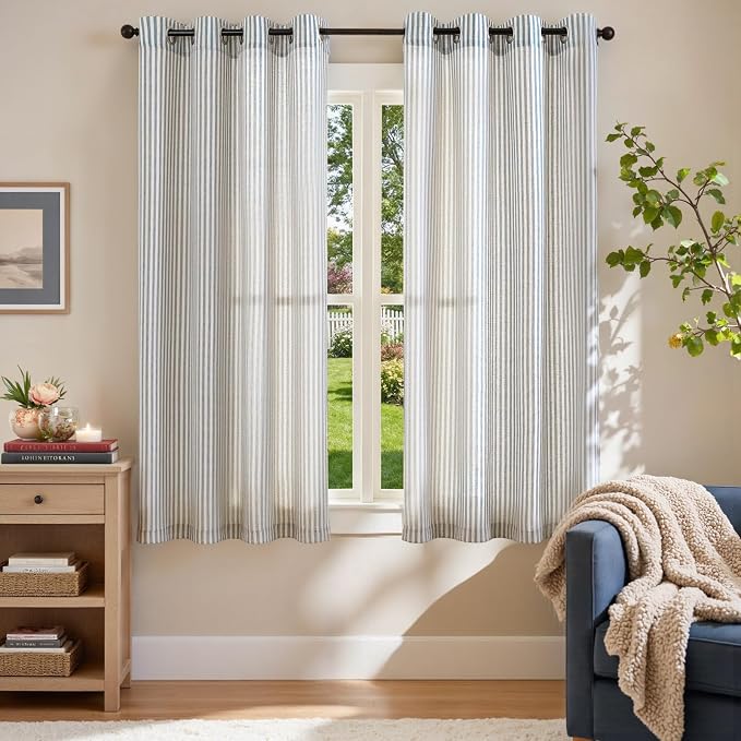 jinchan Linen Curtains 63 Inch Blue Stripe on Beige Grommet 2 Panels | Curtains for Living Room Bedroom,Ticking Stripe Pattern,Farmhouse Cottage Core Rustic, Window Treatment,Light Filtering