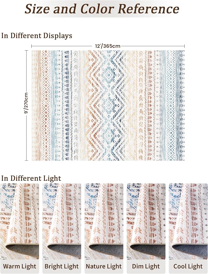 Miukiki 9x12 Area Rug for Living Room Moroccan Washable Rugs Non Slip Indoor Floor Carpet Foldable Large Soft Area Rug for Dining Room Bedroom with Low Pile(Colorful,9'x12')
