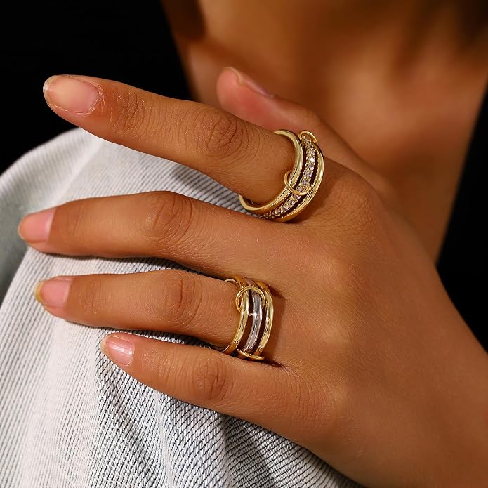 14K Gold Plated Interlocked Stackable Rings for Women Non Tarnish,Gold and Silver Cubic Zirconia Statement Rings Set,Mixed Metals Ring Two-Toned Connected Bands Stacking Jewelry