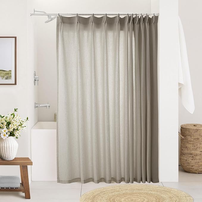 72 Inch Linen Pleated Shower Curtain Burlywood Birch Semi Sheer | Taupe, Boho Farmhouse Country, Textured Fabric, Bath Decor, Curtain 72x72, with Hooks, Washable Shower Curtains, for Bathroom
