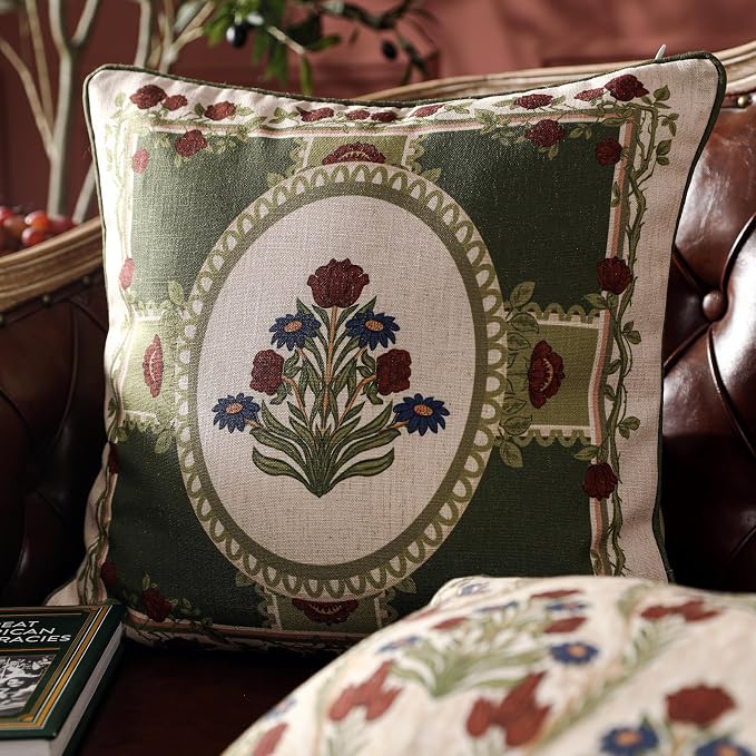 ISAENNE Elegant French Linen Throw Pillow Cover,Set of 2,18"x18"-Estonia B | Designer Vintage Square Pillow Cover,Concealed Zipper Design,Floral Pattern,Sofas,Bedroom,Living Room,Lounge Chairs