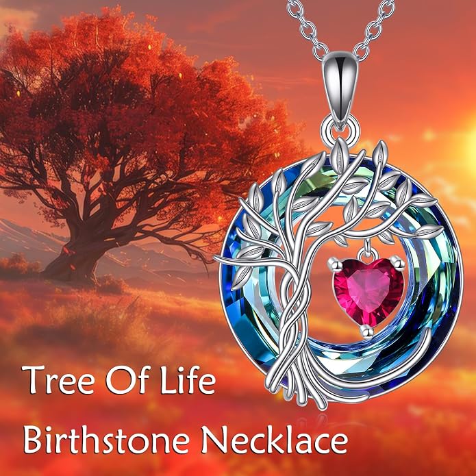 POPLYKE Mothers Day Gifts for Mom Her Wife Tree of Life Necklace 925 Sterling Silver Birthstone Pendant with Crystal Anniversary Birthday Wedding Jewelry for Women