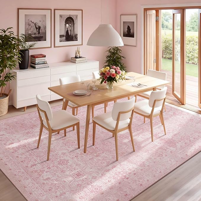 Rugxara Pink Rug 6x9 Area Rugs Washable Rug for Living Room Girls Bedroom | Non Slip, Rug for Dining Room Nursery Kids Room Dorm, Stain Resistant, Soft, Low Pile, Vintage Floral Carpet, Home Decor