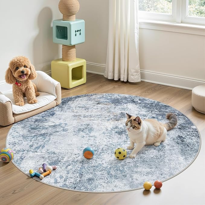 DMOYEST 5ft Round Area Rug for Living Room - 5x5 Washable & Non Slip Circle Rug, Kid & Pet Friendly Soft Low Pile Abstract Carpet for Bedroom and Dining Room - Blue
