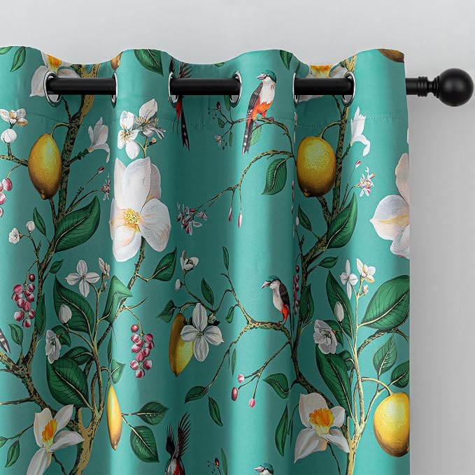 MYSKY HOME Floral Blackout Curtains 63 inch Length 2 Panels Set with Bird Lemon Patterned for Bedroom Room Darkening Noise Reducing Vintage Curtains & Drapes Grommet for Home, 52", Deep Green
