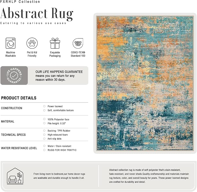 8x10 Area Rug Living Room Rug: Washable Modern Abstract Soft Thin Rug Indoor Floor No Slip Carpet for Bedroom Dining Room Farmhouse Nursery Home Office - Rosy Haze