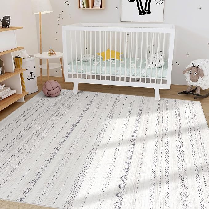 Nakagishi 8x10 Area Rugs Living Room: Washable Boho Large Neutral Soft Farmhouse Rug Stain Resistant Modern Moroccan Non-Slip Indoor Carpet for Bedroom Nursery Kids Playroom Office Dining Room- Gray
