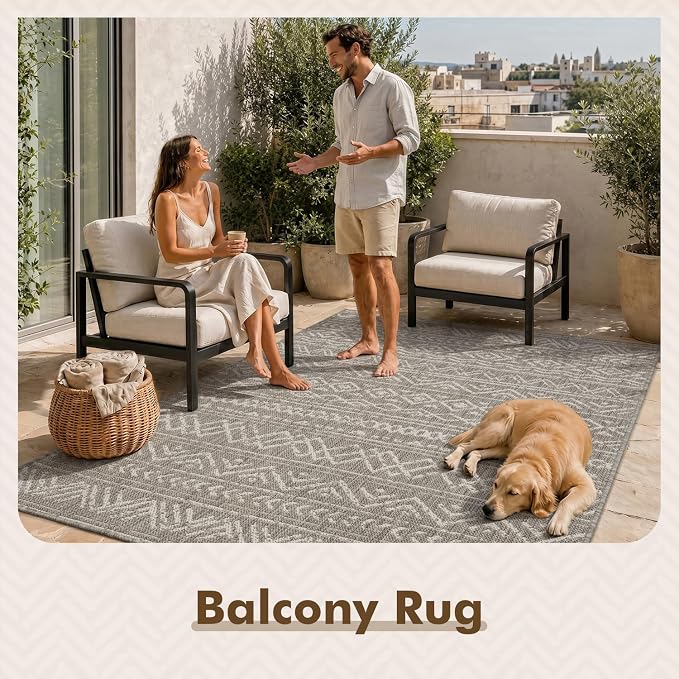 MontVoo-Outdoor Rug-Patio Rug 8x10 Polypropylene Indoor Outdoor Rugs Outdoor Carpet for Patio Deck Balcony Porch, Textured Weave, Durable for High Traffic, Fade-Resistant, Boho Farmhouse Silver Grey