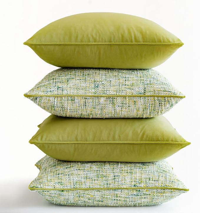 a moment Green 4 Pack Throw Pillow Covers - Chenille & Velvet Set with Piping, Farmhouse Textured Design Pillow Cases for Couch Sofa Bed Livingroom (18x18 Inch, No Insert)