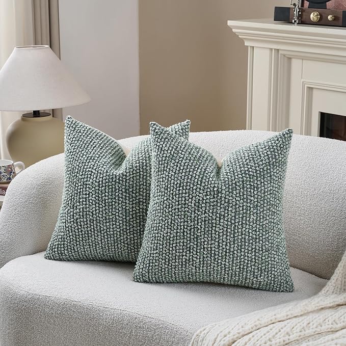 DEZENE Striped Throw Pillow Covers 24x24 Set of 2 Green Textured Boucle Chic Morden Boho Accent Farmhouse Square Decorative Couch Pillow Covers for Home Decor Bed Sofa Living Room