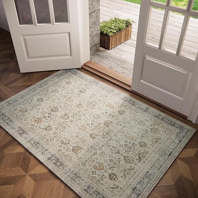 Washable 2x3 Entryway Rug, Boho Vintage Non-Slip Door Mat, Beige/Grey | 0.3" Neutral Throw Small Rugs for Bedroom Kitchen Nursery Entrance, Cushioned for High-traffic Area