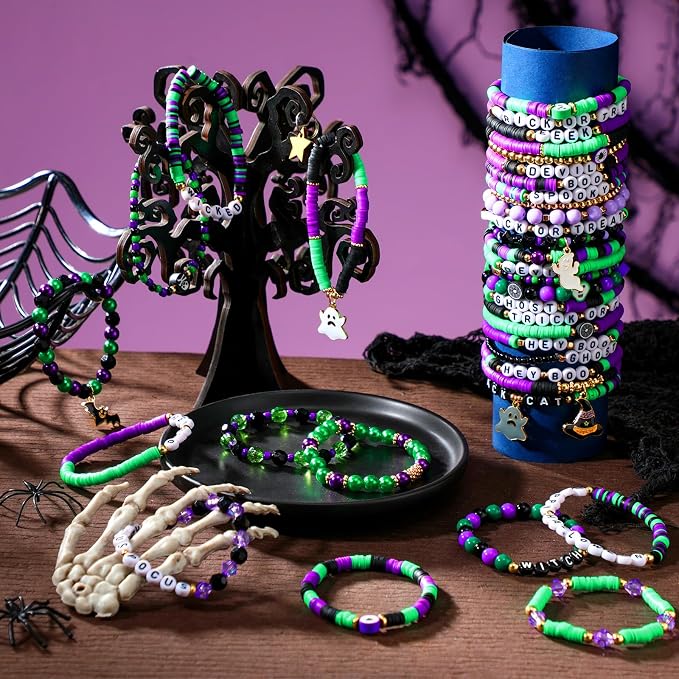Landical 64 Pcs Halloween Bracelets Bulk for Women Vinyl Disc Clay Party Favor Bracelet Pack Halloween Beaded Accessories Jewelry for Goody Bag Fillers Party Supplies
