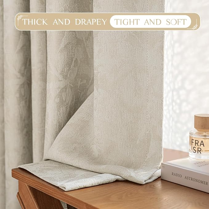 Beauoop Beige Floral Jacquard Blackout Curtains for Bedroom 52x72 2 Panels | Flower Chenille Room Darkening Drapes for Living Room 72 Inch Long Thermal Insulated Soundproof Window treatment Rod Pocket