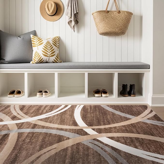 Rugshop Wavy Circles Modern Jute Backing Living Room Area Rug Brown 4' x 6'