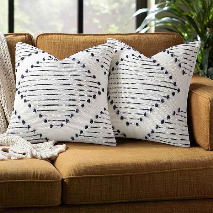 Mecatny Boho Summer Outdoor Throw Pillow Covers 22X22 Set of 2, Farmhouse Decorative Pillow Covers for Couch Sofa Living Room, Navy & Cream White