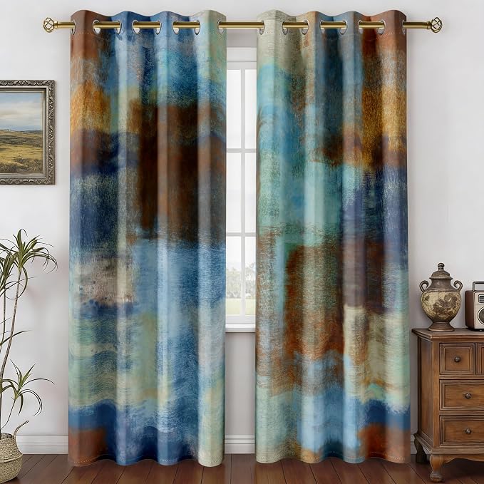 Asuexpect Abstract Curtains 2 Panels Abstract Rust Curtain Room Darkening Grommet Window Treatments Modern Decorative for Bedroom Living Room, 52x63 Inches, Blue Rust