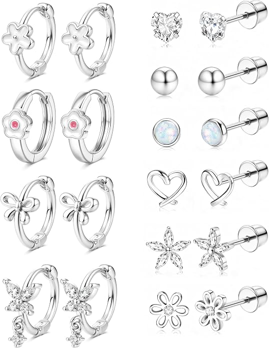 Hypoallergenic Screw Back Earrings for Girls Women - Surgical Steel 14K Gold Silver Plated Cute Toddler Little Girl Kids Earrings for Sensitive Ears Heart CZ Flower Stud Hoop Earring Sets 10 Pairs