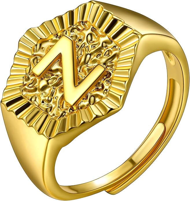 U7 Initial Ring Wedding Band for Men Women 18K Gold Plated Statement Hexagon A-Z Letter Jewelry Personalized Stackable Signet Rings