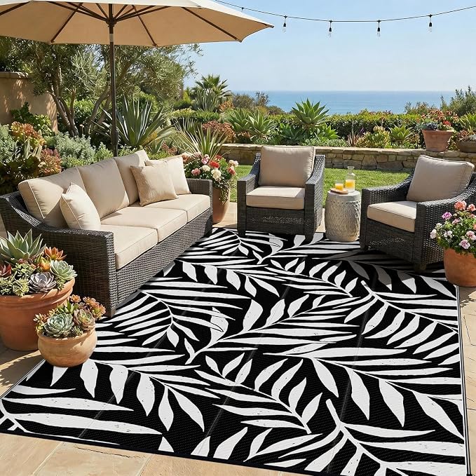 Smiry Outdoor Rug 8x10 ft, Waterproof Reversible Plastic Straw Rugs, Outdoor Area Rug with Leaf Pattern, Outside Floor Mat for Patio, Backyard, Deck, Picnic, Beach, Camping, Black & White