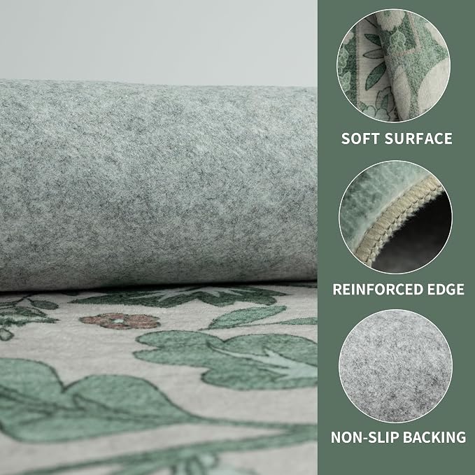 8x10 Vintage Washable Sage Green Area Rug | Living Room,Low Pile Non Slip Carpet Non-Shedding Large Soft Indoor Stain Resistant Floral Print Mat for Bedroom Dining Room