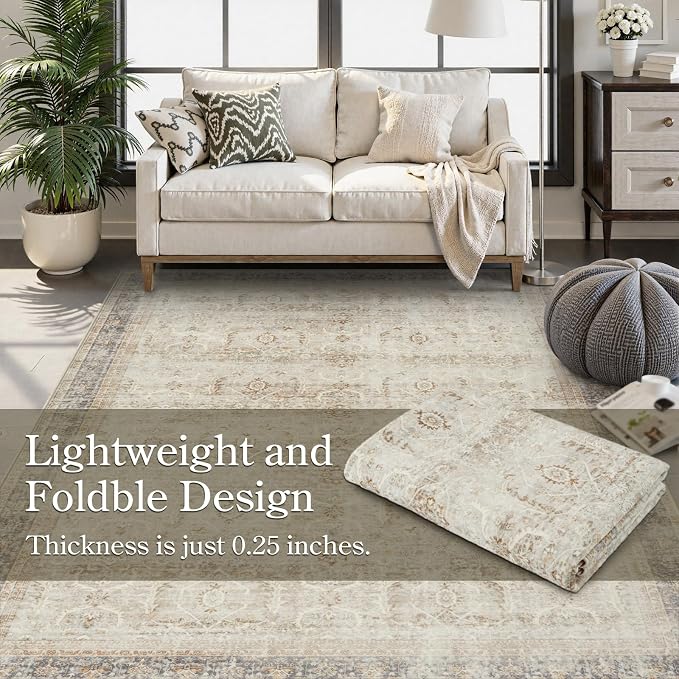 Collive Washable Area Rug 6x9, Large Boho Rugs for Living Room Vintage Soft Rugs for Bedroom, Non Slip Ultra-Thin Dining Room Floor Carpet for Entryway Kitchen Office - Tan
