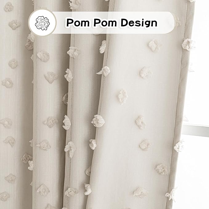 MYSKY HOME 100% Blackout Curtains for Girls Bedroom 90 Inch Long Total Room Darkening Curtain for Living Room 2 Panels Grommet Light Blocking Sliding Door Drapes Beige Pom Pom Sheer 52" x 90"