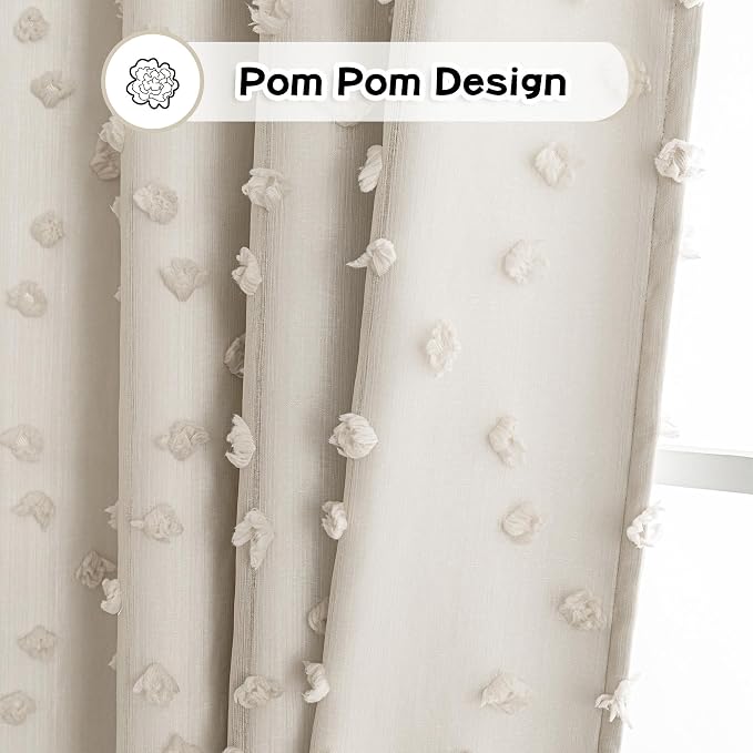 MYSKY HOME 100% Blackout Curtains for Nursery Thermal Insulated Beige Pom Pom Curtain 72 Inch Length for Girls Bedroom 2 Panels Grommet White Sheer Drapes for Kitchen Dining Room Door, 52W x 72L