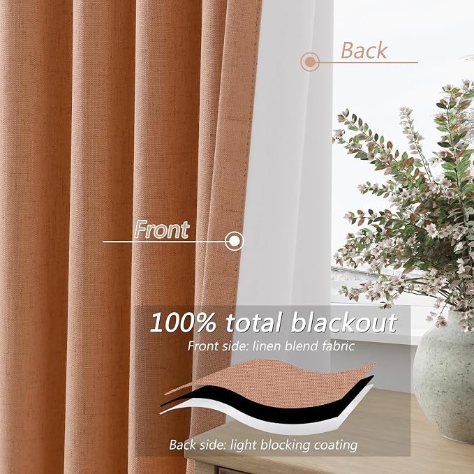 Guken 100% Blackout Curtains 84 Inch Length 2 Panels Set for Living Room Bedroom Back Tab Thermal Insulated Black Out Linen Drapes Room Darkening Peach Quartz,52x84